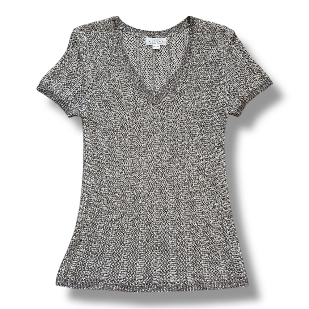 Velvet by Graham & Spencer Bobbi Subtle Shine Silver Knit T-Shirt Size Small